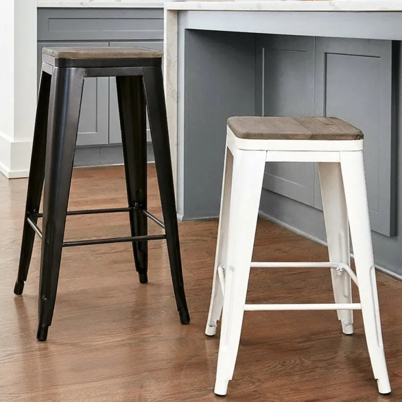 Backless Metal Barstool with Wood Square Seat - 24"H or 30"H