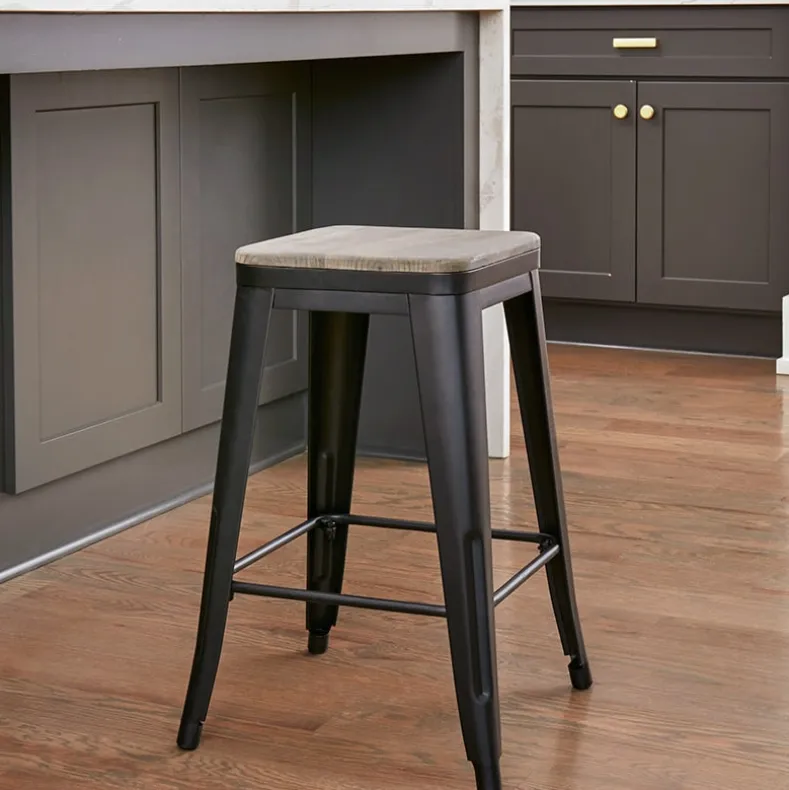 Backless Metal Barstool with Wood Square Seat - 24"H or 30"H