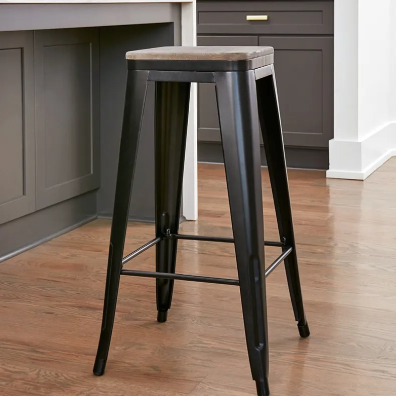 Backless Metal Barstool with Wood Square Seat - 24"H or 30"H