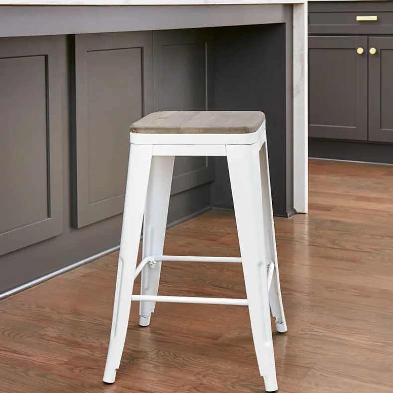 Backless Metal Barstool with Wood Square Seat - 24"H or 30"H