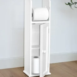 Bathroom Storage Unit with Cupboard and Toilet Paper Dispenser