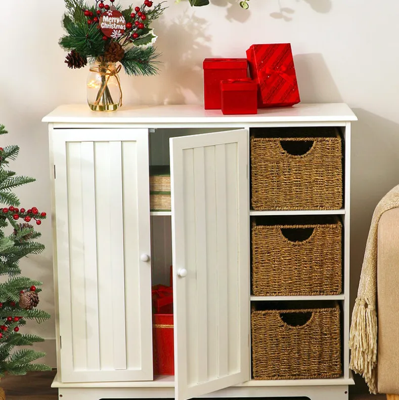 Beadboard Storage Cabinet with 3 Shelves and Cupboard