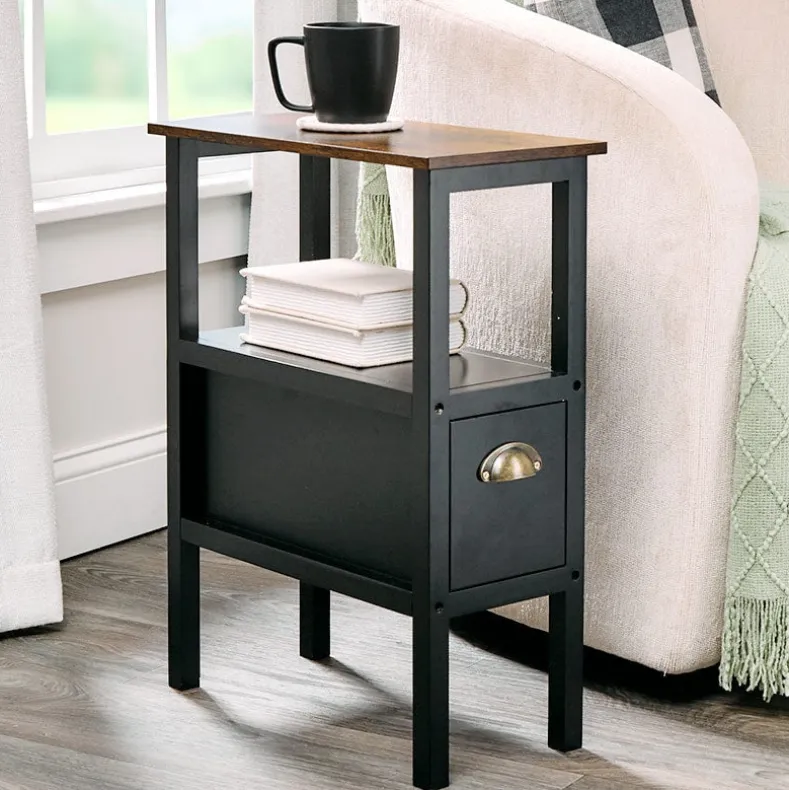 Black Accent Side Table with Dual Drawers - 24"H