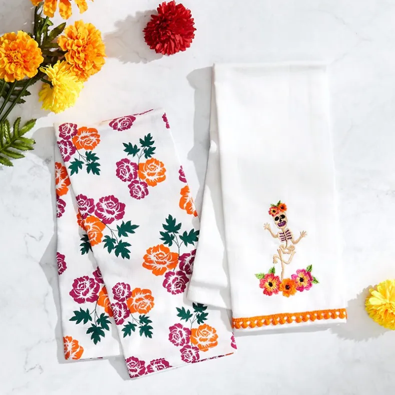 Butterfly and Skeletons Embroidered Kitchen Towels, Set of 2