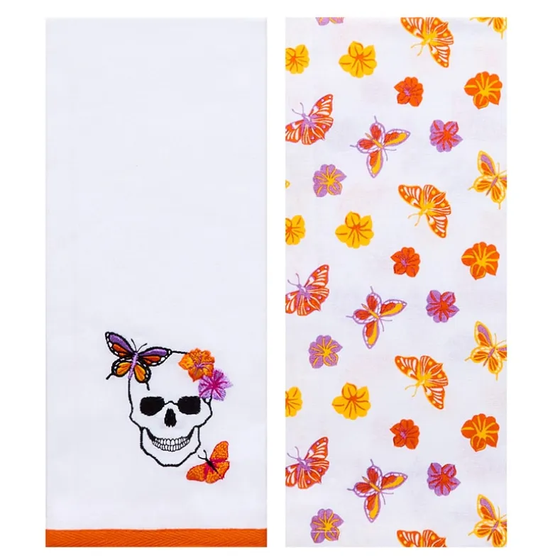 Butterfly and Skeletons Embroidered Kitchen Towels, Set of 2
