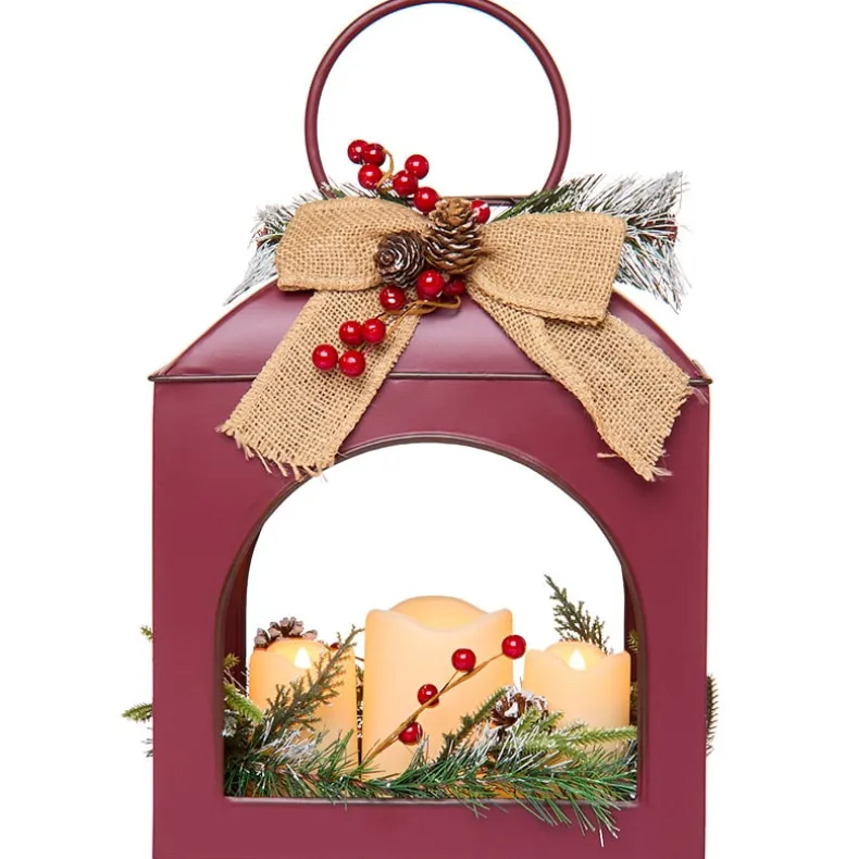 Christmas Country Red Lantern With LED Candle Trio
