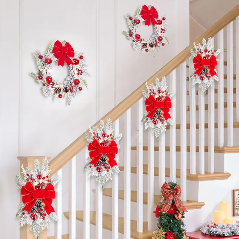 Christmas Frosted Pine With Red Bows Decor