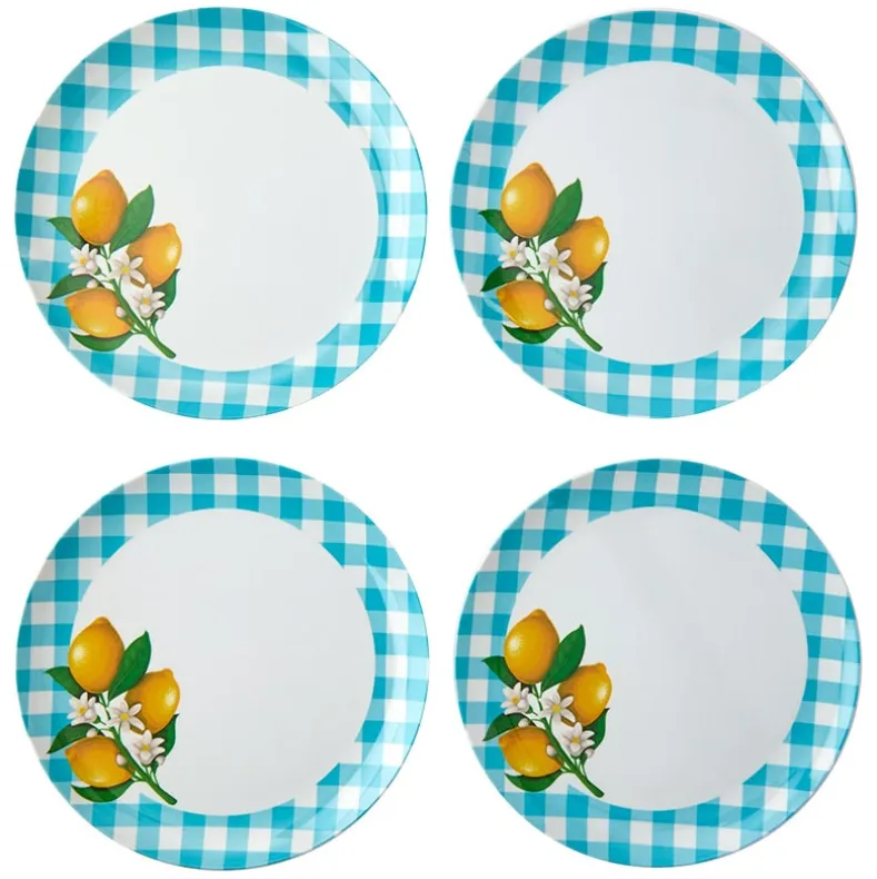 Citrus Chic Blue Plaid and Lemon Print Melamine Dessert Plates