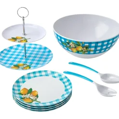 Citrus Chic Blue Plaid and Lemon Print 2-Tier Serving Tray