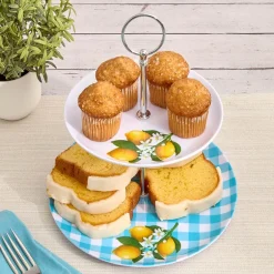 Citrus Chic Blue Plaid and Lemon Print 2-Tier Serving Tray