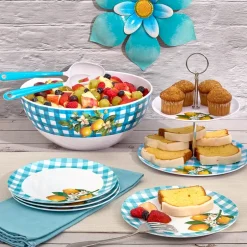 Citrus Chic Blue Plaid and Lemon Print Melamine Salad Bowl with Utensils