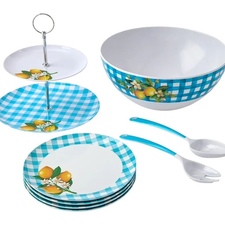 Citrus Chic Blue Plaid and Lemon Print Melamine Salad Bowl with Utensils