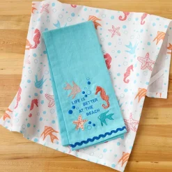 Coastal Themed Embroidered Kitchen Towels, Set of 2