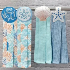 Coastal Themed Kitchen Embroidered Tie Towels, Set of 2