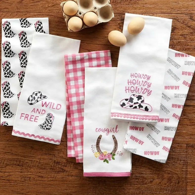 Cowgirl Themed Embroidered Kitchen Towels, Set of 2