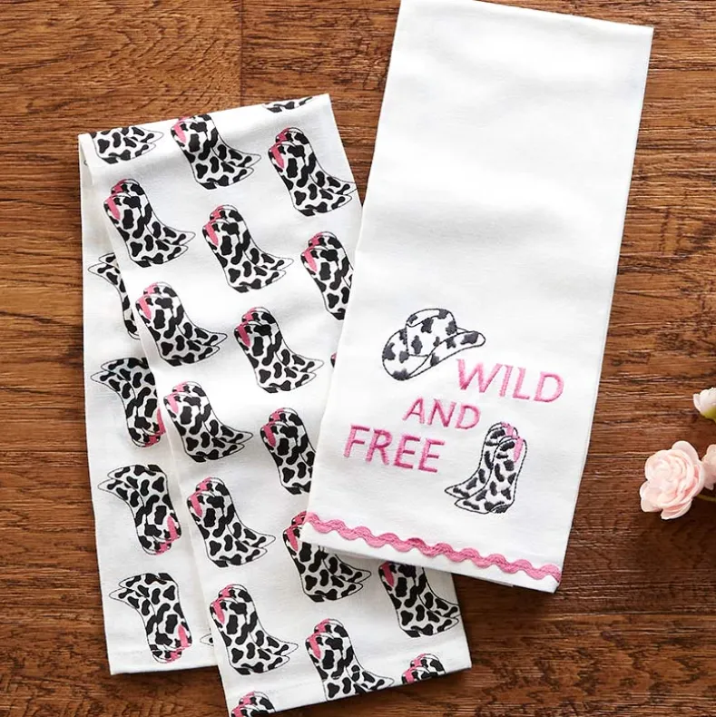 Cowgirl Themed Embroidered Kitchen Towels, Set of 2