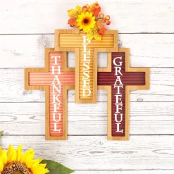 Cross Harvest Wall Decor With Sentiment Thankful Blessed And Grateful