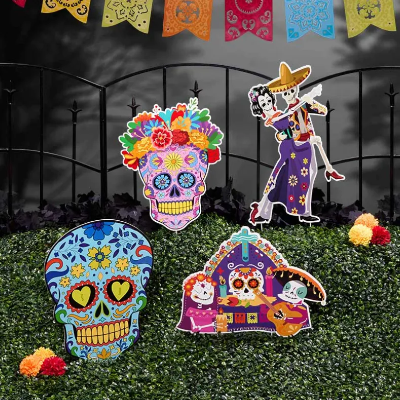 Day of the Dead Festive Colorful Stakes - Set of 4