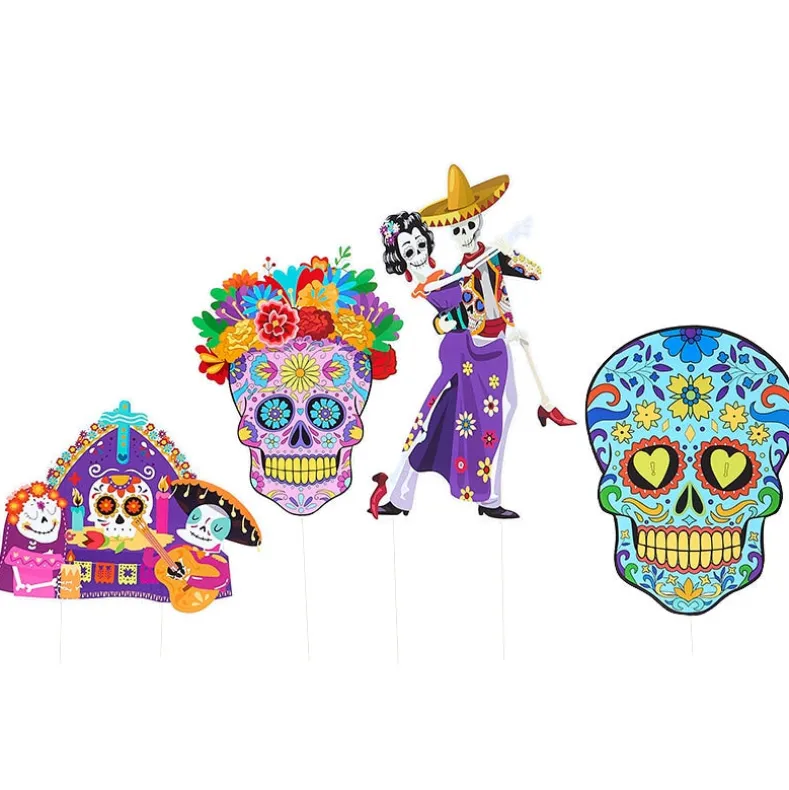Day of the Dead Festive Colorful Stakes - Set of 4