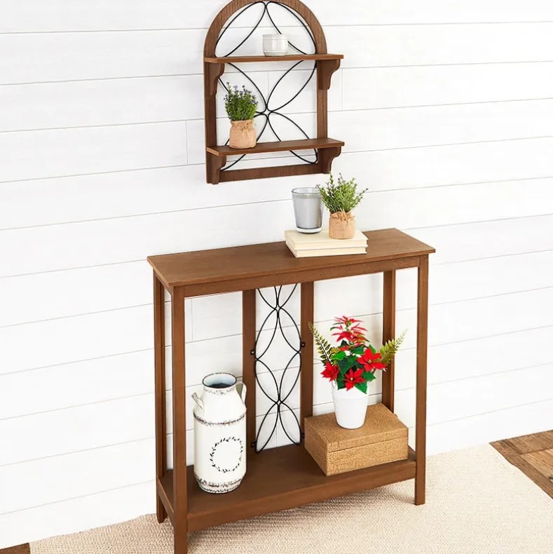 Decorative Wood-Like Console Table or Matching Shelf with Metal Scroll