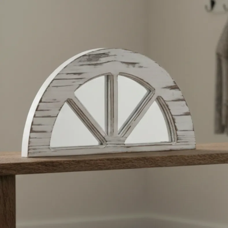 Distressed White Wood Windowpane Arch Mirror