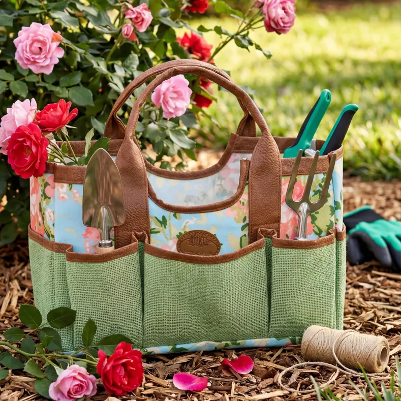 Durable Rose Print Canvas Tool Bag for Gardening