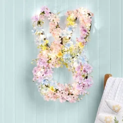 Easter Lighted Bunny Shape Spring Flower Wreath - Battery Operated