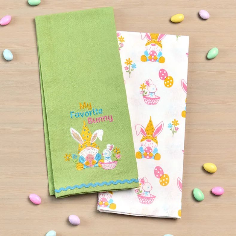 Embroidered Kitchen Towels Gnomes and Bunnies Set of 2