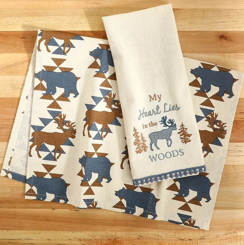 Embroidered Kitchen Towels Lodge Set of 2