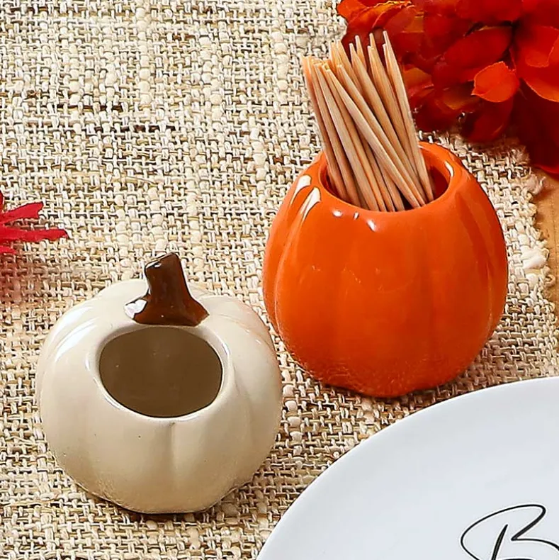 Fall Orange and White Pumpkin Toothpick Holders - Set of 2