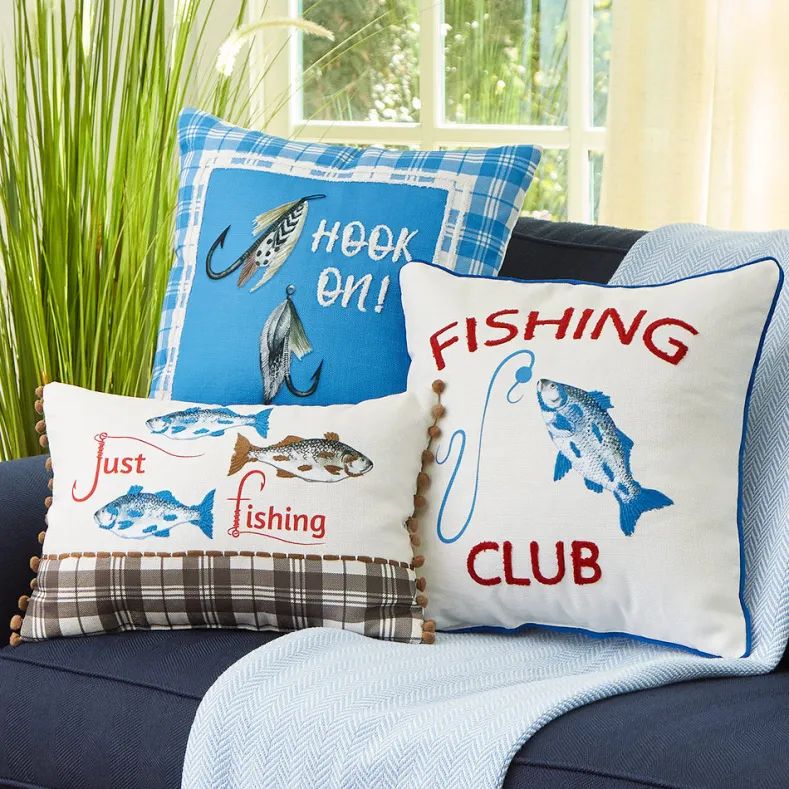 Fishing and Lake Themed Embroidered Decorative Pillow