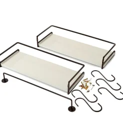 Floating Wall Mounted White Shelves with Metal Bar - Set of 2