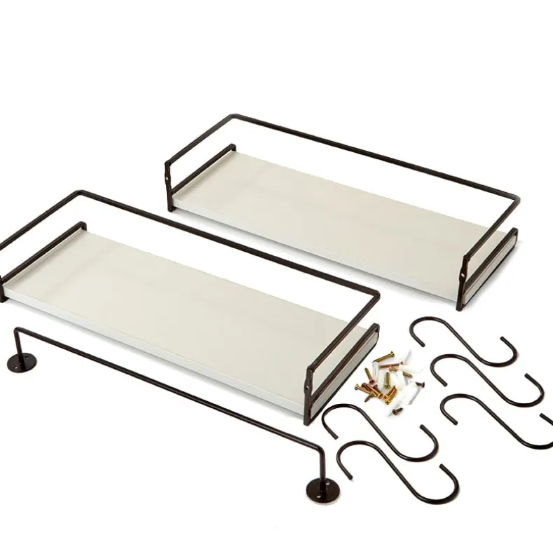 Floating Wall Mounted White Shelves with Metal Bar - Set of 2