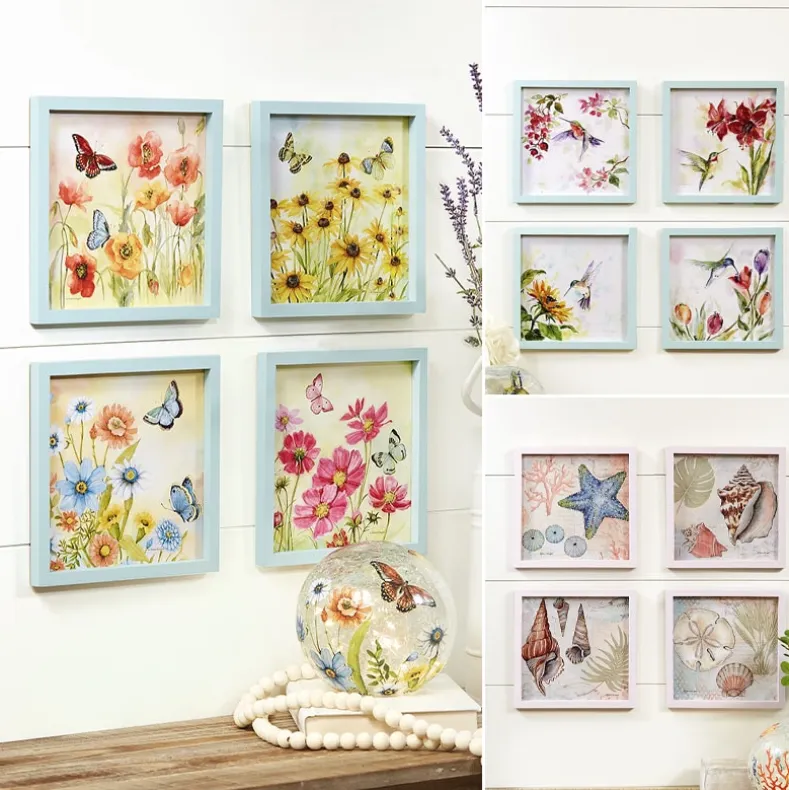 Framed Wall Art - Hummingbird, Butterfly, or Seashell Theme - 4 Pc