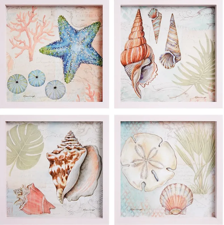 Framed Wall Art - Hummingbird, Butterfly, or Seashell Theme - 4 Pc