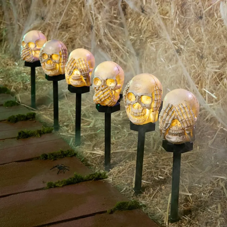 Halloween Hear, See and Speak No Evil Skull Solar Stakes - Set of 3
