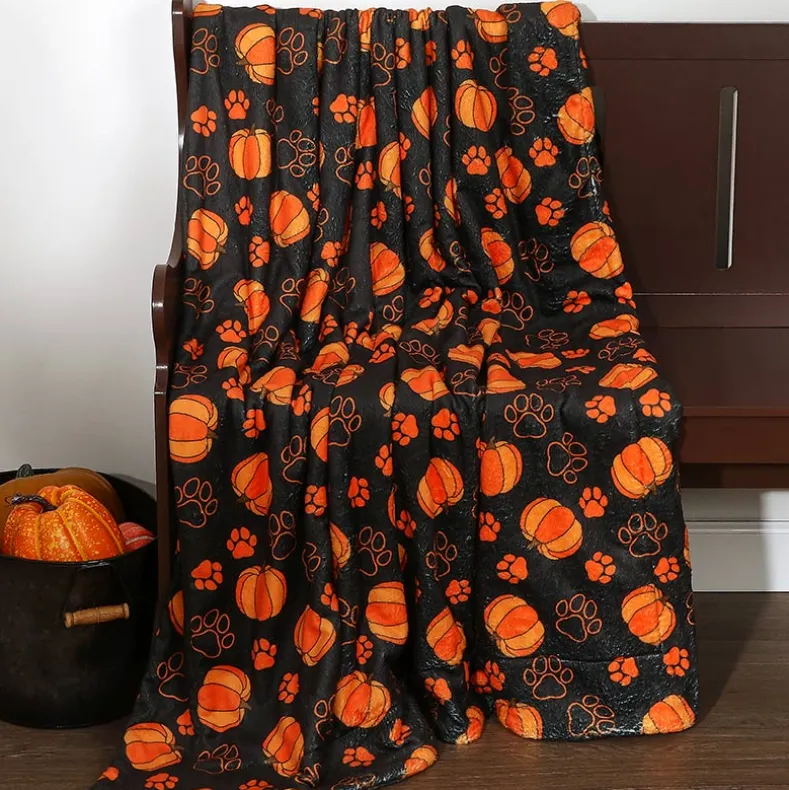 Halloween Pet Blanket Lightweight Cozy Festive Pumpkins And Paw Print