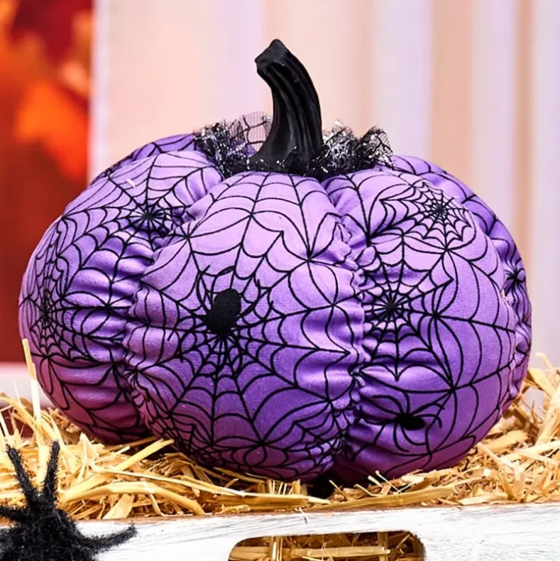 Halloween Plush Webbed Pumpkin Decor - Orange or Purple