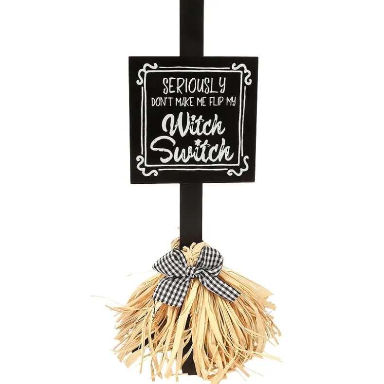 Halloween Witch's Broom Tabletop Rectangular Sign With Message And Bow