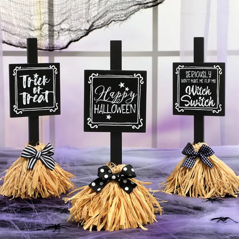 Halloween Witch's Broom Tabletop Rectangular Sign With Message And Bow