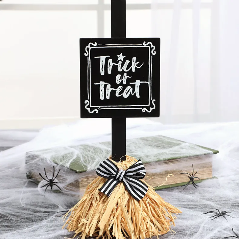 Halloween Witch's Broom Tabletop Rectangular Sign With Message And Bow