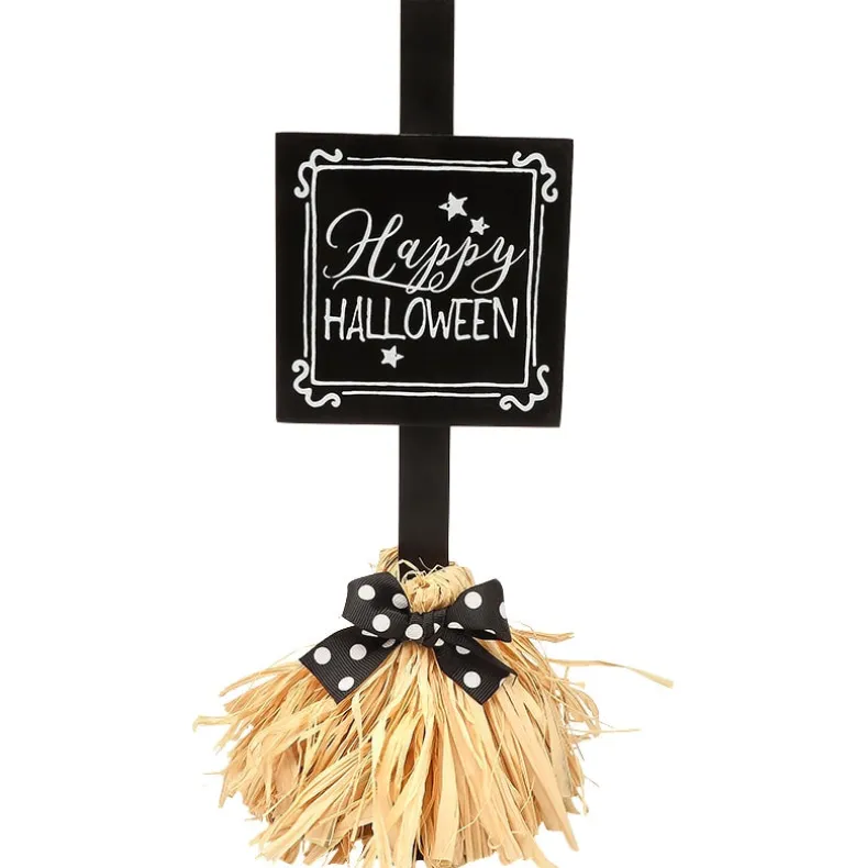 Halloween Witch's Broom Tabletop Rectangular Sign With Message And Bow