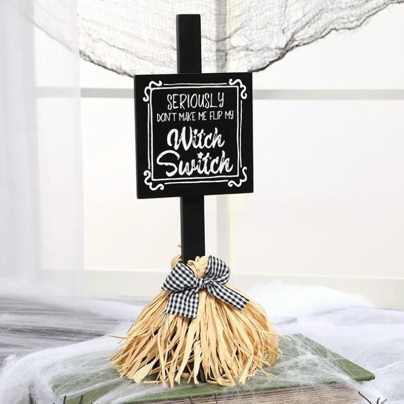 Halloween Witch's Broom Tabletop Rectangular Sign With Message And Bow