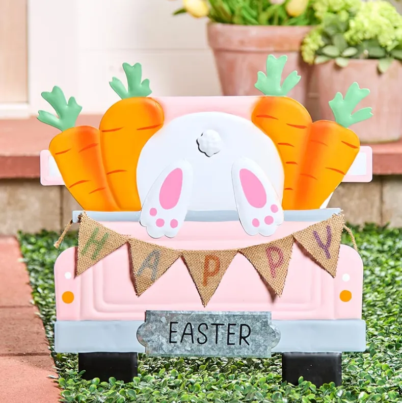 Happy Easter Pink Truck Stake With Hopping Bunny And Carrots