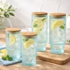 Hobnail Blue Glasses with Bamboo Lids and Glass Straws - Set of 4