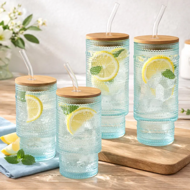 Hobnail Blue Glasses with Bamboo Lids and Glass Straws - Set of 4
