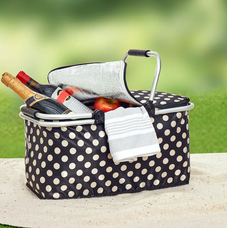Insulated Cooler Picnic Basket Handles Zip Closure Floral Or Polka Dot