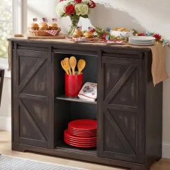 Kitchen Buffet Wooden Cabinet with Sliding Barn-Doors