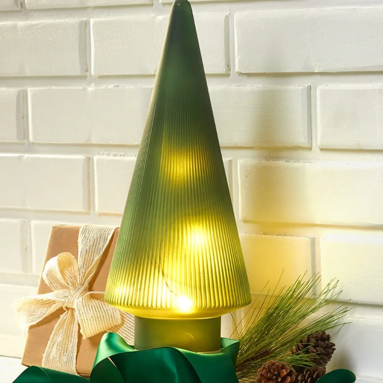 Lighted Burgundy Snowflake or Green Ribbed Glass Tabletop Tree