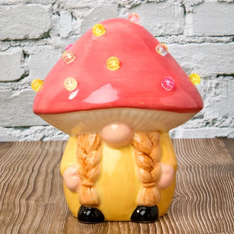 Lighted Ceramic Gnome Mushroom Accent Light - Batteries Included